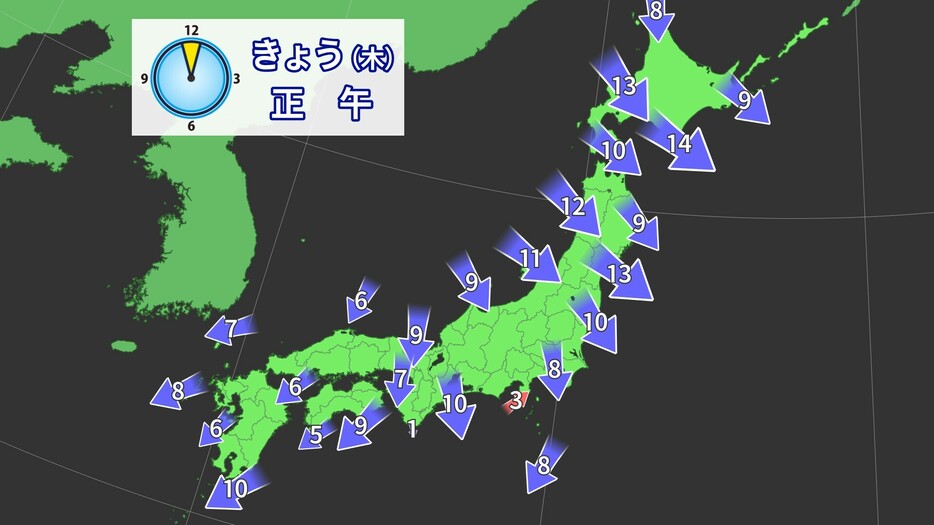 7日(木)正午の風の予想