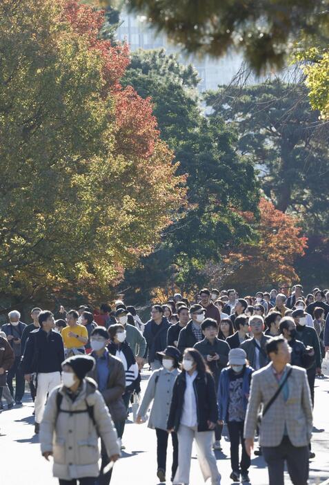 皇居・乾通りの一般公開が始まり、紅葉を楽しむ人たち＝30日午前