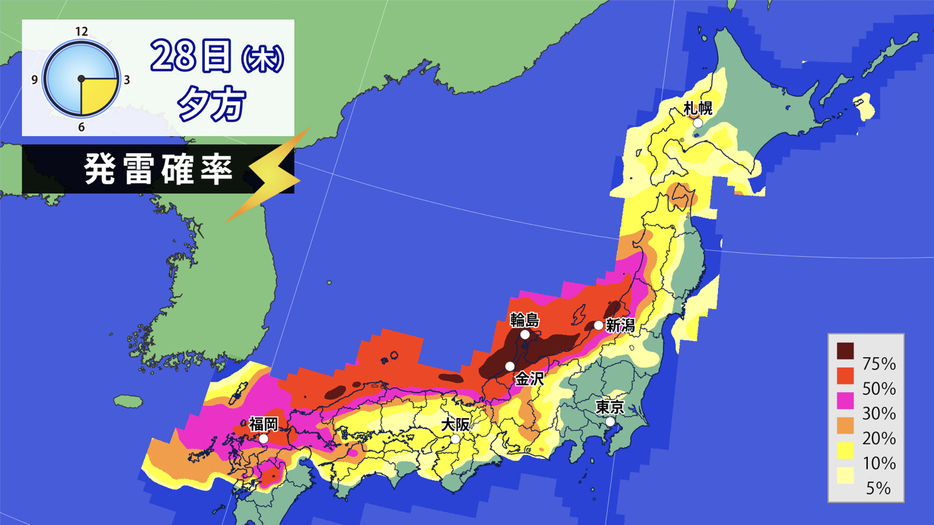 28日(木)夕方の発雷確率