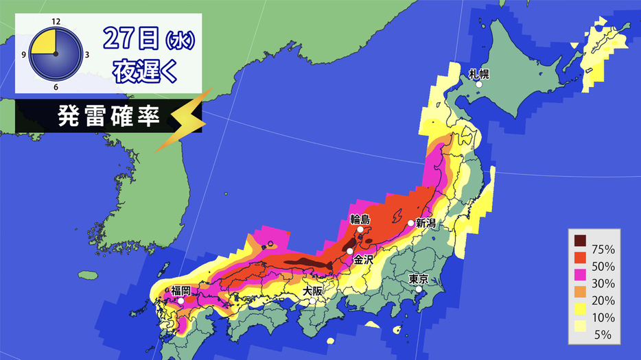 27日(水)夜遅くの発雷確率