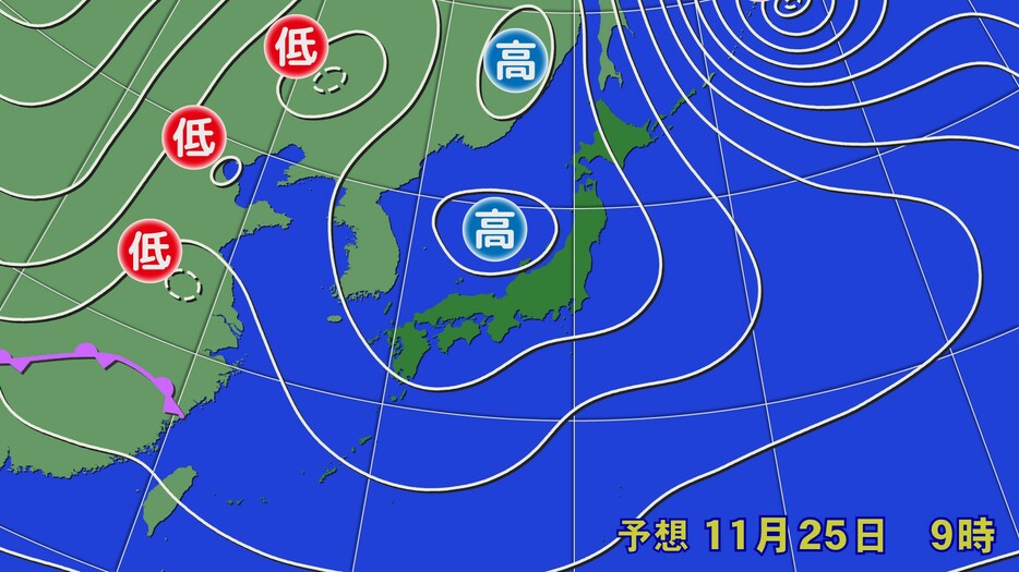 25日(月)朝9時の予想天気図