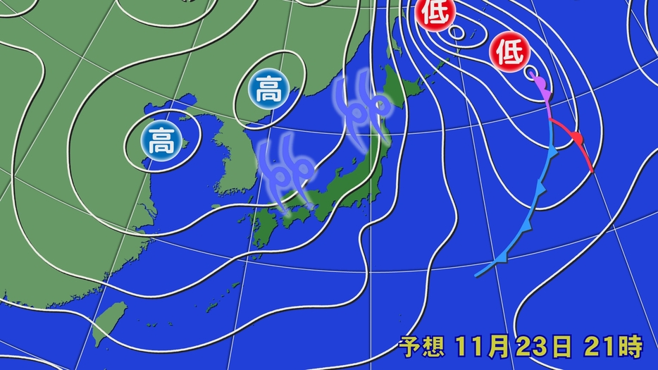 23日(土)午後9時の予想天気図