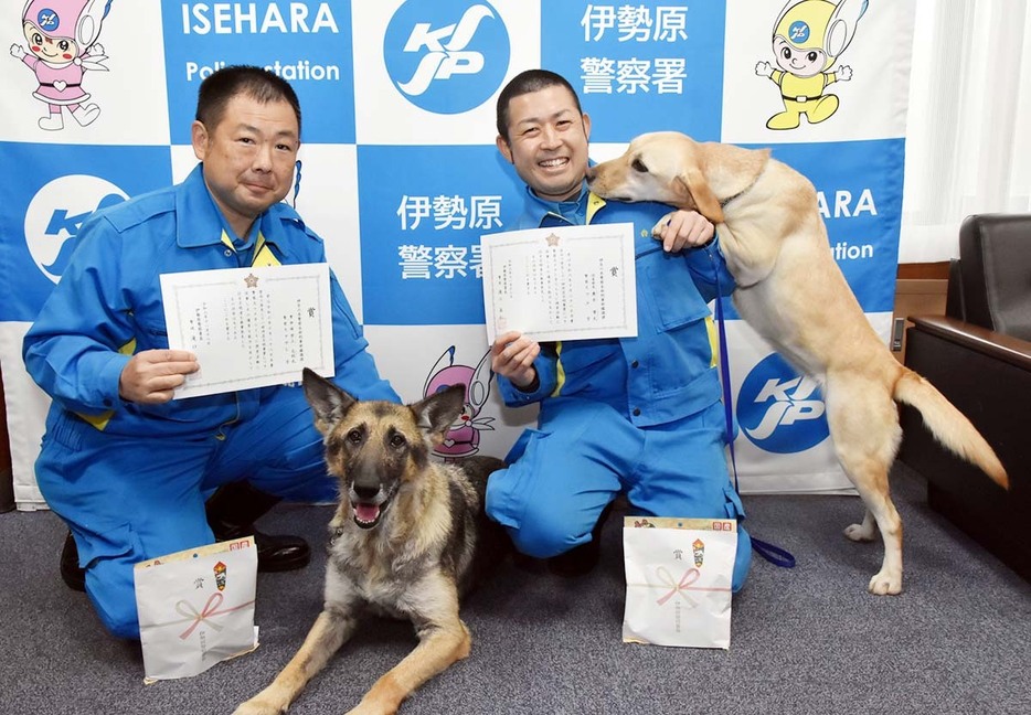 行方不明者を発見し、感謝状が贈られた警察犬と関係者＝１８日、伊勢原署