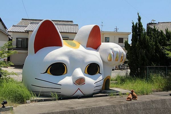 [写真]常滑を見下ろす幅6.3、高さ3.2メートルの巨顔招き猫「とこにゃん」。売り物ではないがインパクト大で、本物のネコもあ然！？