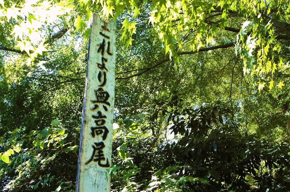 [写真]高尾山頂の広場から西側の階段を下ると「これより奥高尾」との木柱が