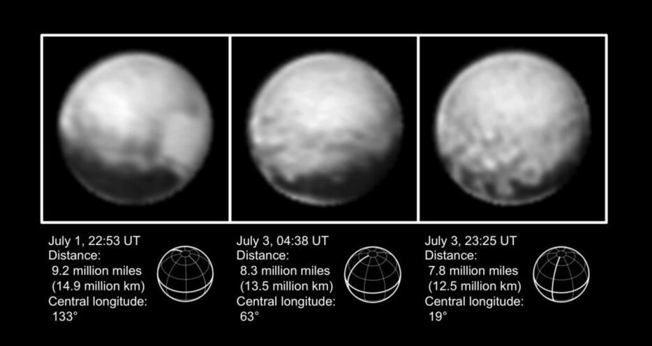 7月1～3日にニュー・ホライズンズが撮影した冥王星の画像。14日には、この約1，000分の1の距離まで冥王星に接近する (C)NASA / JHUAPL / SWRI