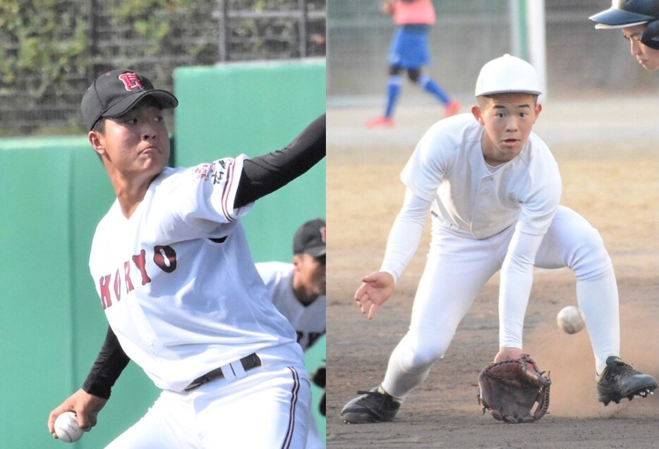 広陵の森山陽一朗投手（左）と広島商の永谷純也内野手