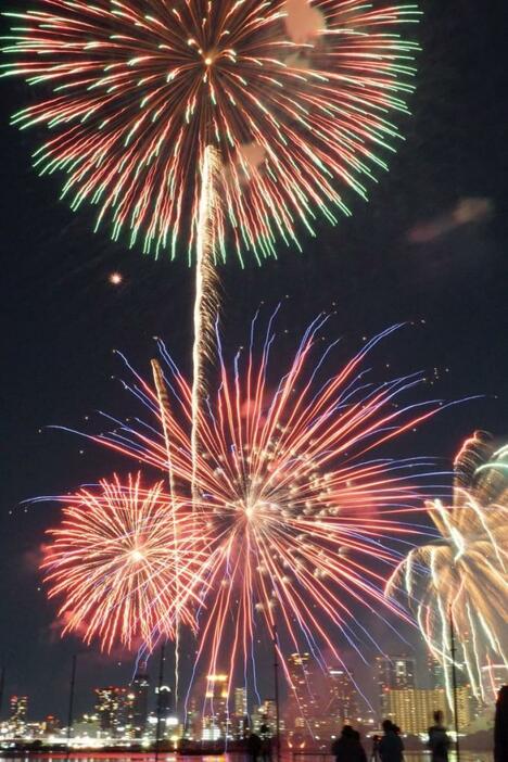 [写真]大阪梅田のビル街夜景をバックに花火で空と水面を鮮やかにしていた=4日午後8時すぎ、大阪市淀川区で（撮影：柳曽文隆）