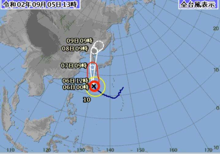 [画像]5日午後1時時点の台風10号の予想進路（気象庁ホームページより）