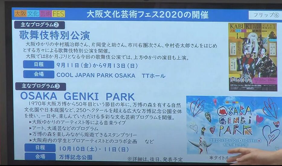 [写真]知事定例会見で掲示された、 歌舞伎特別公演などの資料