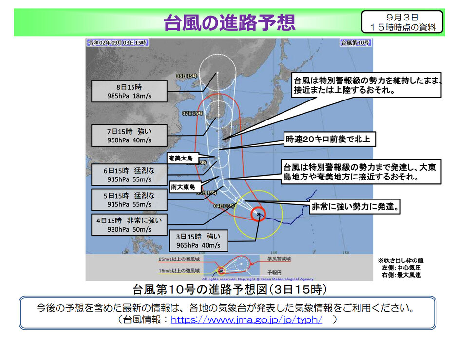 3日15時時点の台風の進路予想（気象庁報道発表資料より）