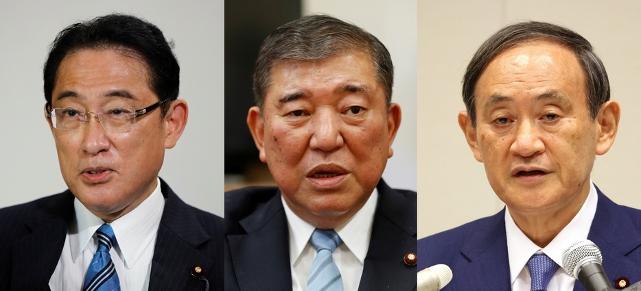 左から立候補会見をした順に、岸田氏、石破氏（写真：ロイター/アフロ）、菅氏（写真：つのだよしお/アフロ）