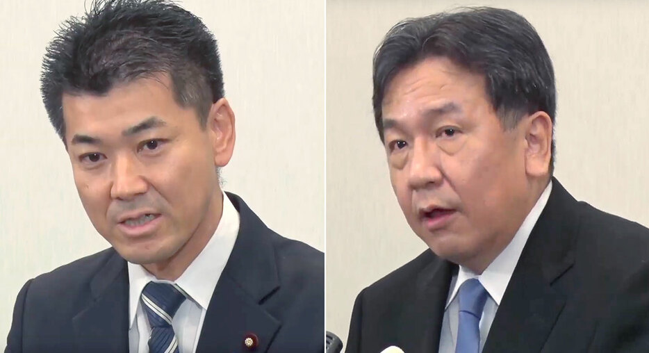 [画像] 会見する国民民主の泉健太政調会長（左）と立憲民主の枝野幸男代表（右）