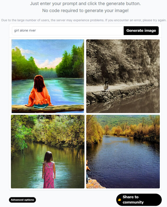 AI「Stable Diffusion」に「girl alone river」と指示をして出力された画像（編集部で画像生成）