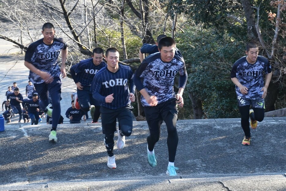 約１００段の階段を駆け上がる部員たち＝名古屋市千種区の平和公園で２０２３年２月８日、森田采花撮影