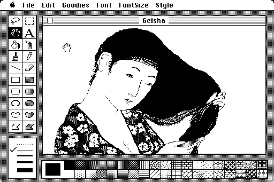 1984年のMacお披露目時に画面に表示された「髪梳ける女」の模写図（提供：柴田文彦）