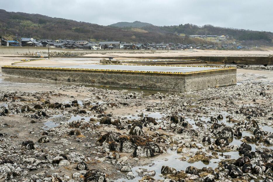 海底が露出した黒島漁港＝21日、石川県輪島市門前町