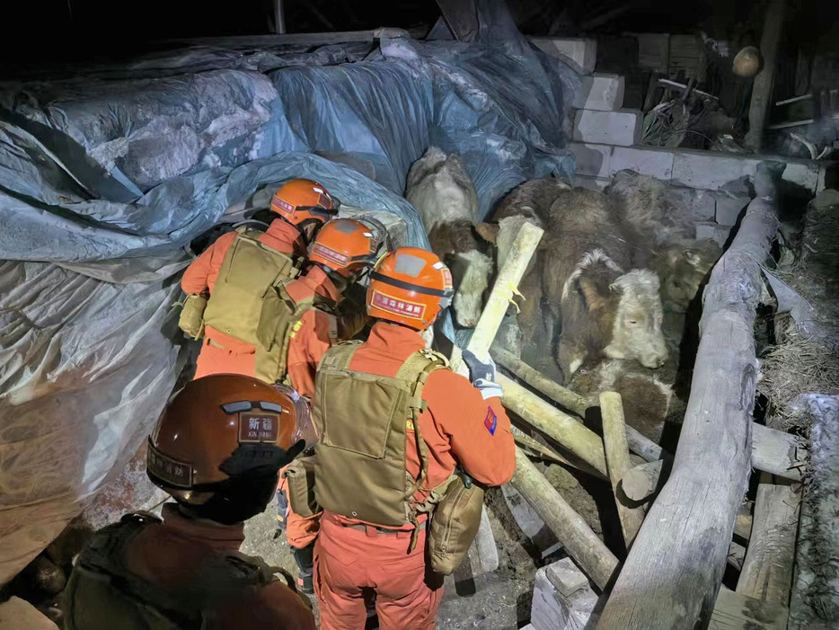 中国新疆ウイグル自治区アクス地区ウシュトゥルファン県で、地震の被害状況を調べる人たち＝23日（新華社＝共同）