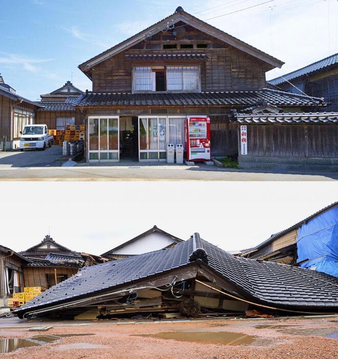 被災前（上）と被災後の桜田酒造＝石川県珠洲市（上は同社提供）