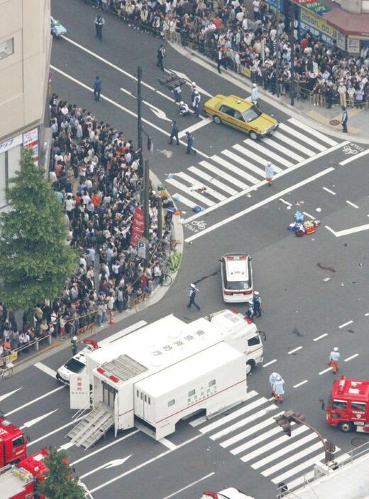 東京・秋葉原の無差別殺傷事件の現場＝２００８年６月８日午後、共同通信社ヘリから