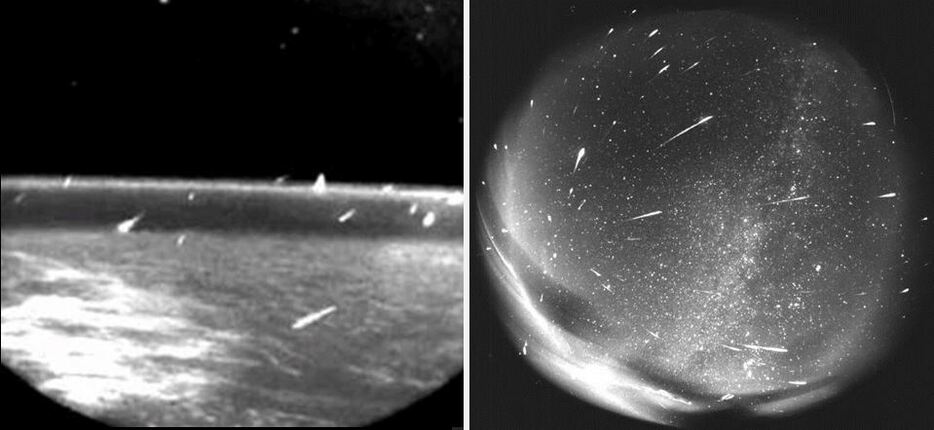 [写真]宇宙から（左）と、地上から（右）の流星群。宇宙から見るとチリが同方向から地球の大気に飛び込む（（c）NASA）。地上から全天カメラで写すと夜空の一点から放射状に出現する（By Juraj Toth [CC BY-SA 3.0 or GFDL]， via Wikimedia Commons）