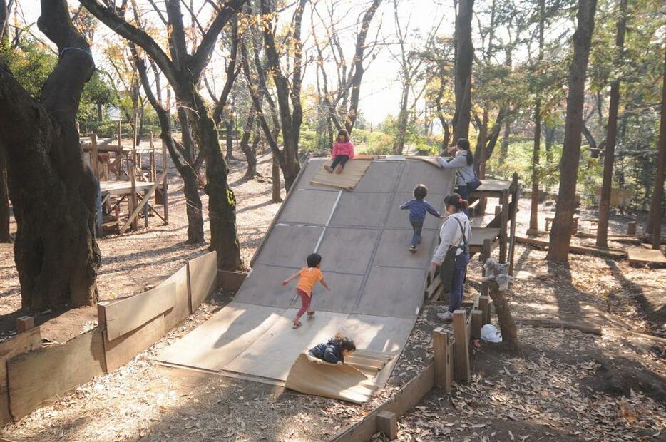 [写真]手づくりすべり台で遊ぶ子供たち