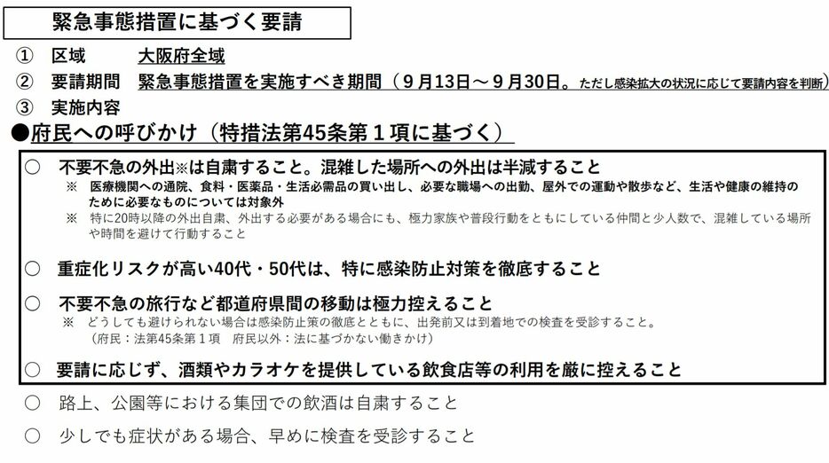 [資料]緊急事態措置に基づく要請（大阪府公式サイトから）