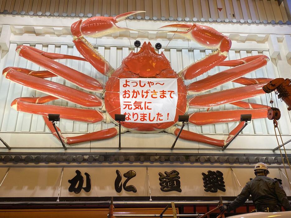 ［写真］脚2本の修理工事を終えたことを告知する幕もはられ、大阪道頓堀名物の「カニ看板」が再び動き出した＝24日午前5時25分ごろ、大阪市中央区で