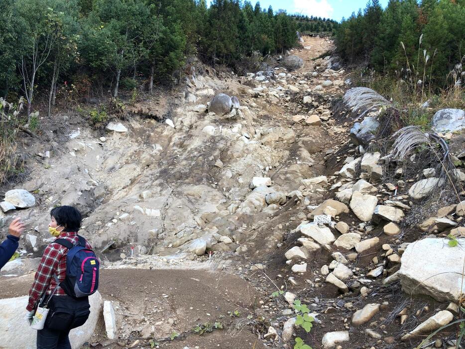 宮城県丸森町の皆伐跡地からの崩落。再造林をしても、崩落の危険性は約20年続くという指摘も（中嶋健造氏提供）