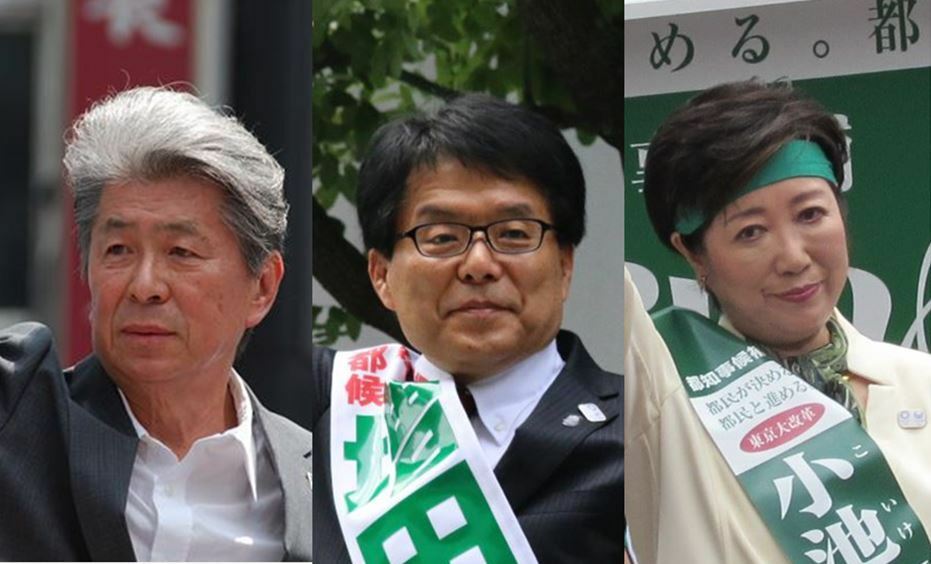 [写真]第一声を上げる3候補。左から鳥越俊太郎氏、増田寛也氏、小池百合子氏