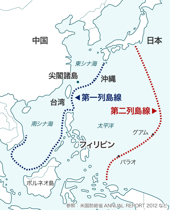 [地図]想定される中国の「第一列島線」と「第二列島線」（画像制作：Yahoo! JAPAN）