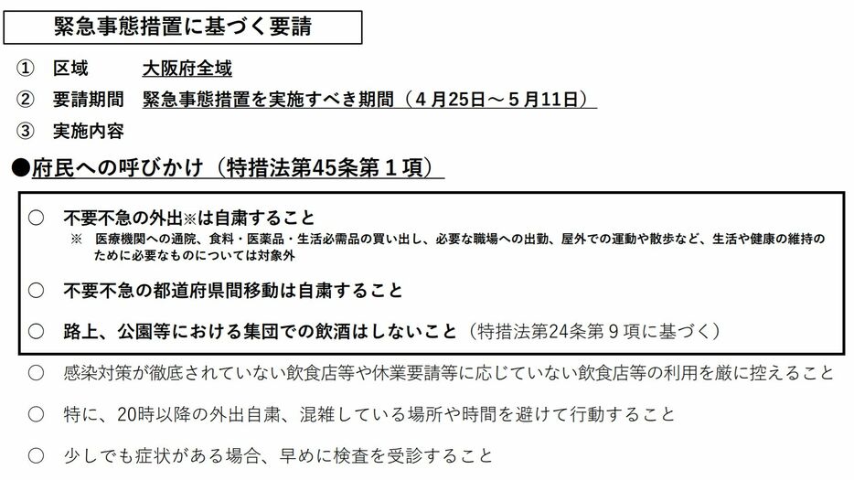 [画像]大阪府新型コロナウイルス対策本部会議で発表された「緊急事態措置に基づく要請」の資料（大阪府公式サイトから）