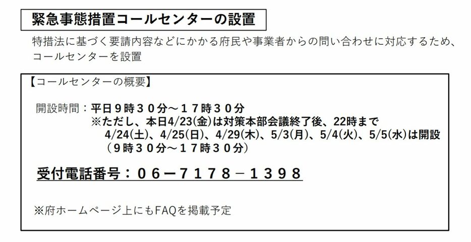 [画像]緊急事態措置コールセンターの設置、コールセンターの概要についての資料（大阪府公式サイトから）