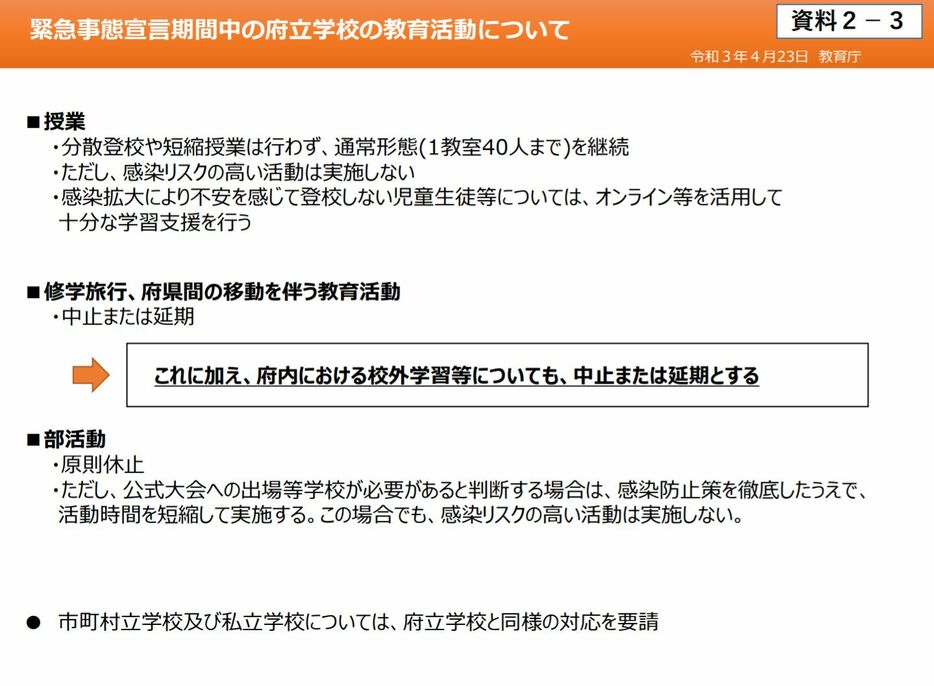 [画像]緊急事態宣言期間中の府立学校の教育活動についての資料