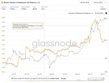 ［図表1］ビットコイン価格、アドレス数の推移 オレンジ 1,000BTC以上のアドレス数推移　グレー：ビットコインUSD価格出典：glassnode