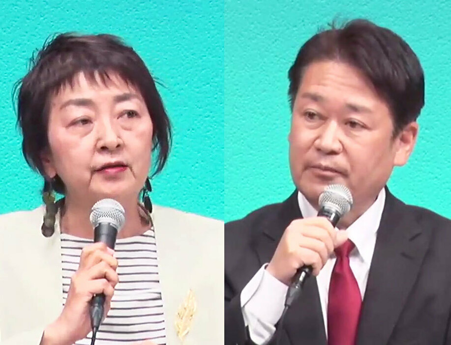 市民団体役員の尾形氏（左）と元市議会議長の横井氏（右）＝3日、名古屋市内