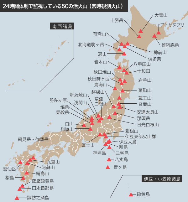 [図]気象庁が定時観測している50の活火山