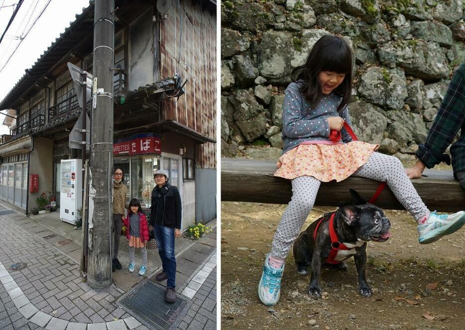 [写真]風情ある犬山の城下町を案内してくれた友人一家。一人娘のYちゃんはうちの『マメ』と仲良しに