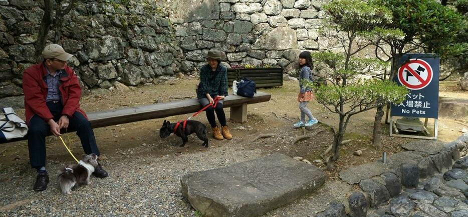 [写真]天守閣に犬は入れない。「ペット入場禁止」の看板横のベンチが事実上の“ウエイティングスペース”になっていた