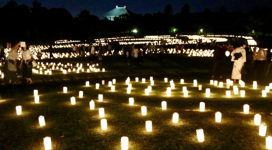 ［写真］後方の東大寺と燈花会の輝きを眺める人たち＝5日午後9時ごろ、奈良県奈良市で