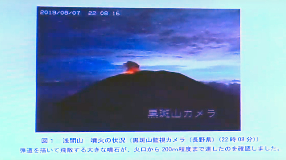 7日午後10時8分ごろの浅間山噴火の状況。弾道を描いて飛散する大きな噴石が、火口から200m程度まで達した（気象庁資料より）