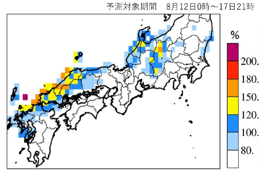 8月12日午前0時～17日午後9時にかけて予想される最大72時間雨量の過去最大値との比。120％、150％を超える地域もみられる（日本気象協会提供、予測は8月12日午前10時時点）