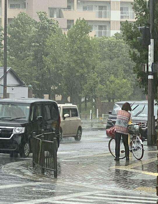 [写真]風雨の中、必死に傘を持つ人の前を車が水しぶきをあげながら走行していた＝13日午後4時ごろ、大阪市東住吉区で