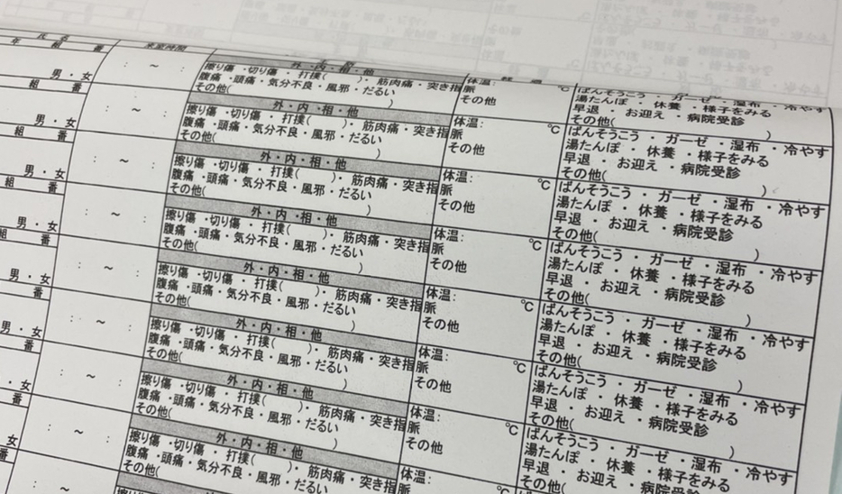 高校で使われている従来の来室記録。心身の不調などを養護教諭が書き込むタイプだ（撮影：秋山千佳）