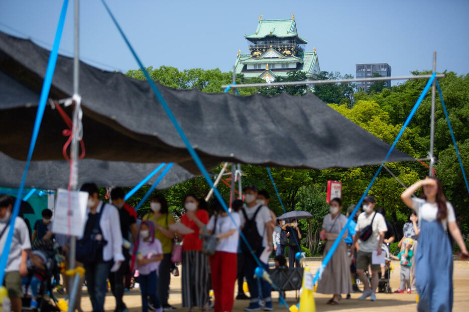 テントの背後にそびえる大阪城。夏、公園内は「わしわしわしわし……」とクマゼミの大合唱に包まれる