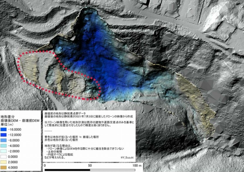 赤破線枠の部分に、崩れやすくなっているように見える場所があるという（図作成：鈴木雄介氏、提供：小山真人教授）