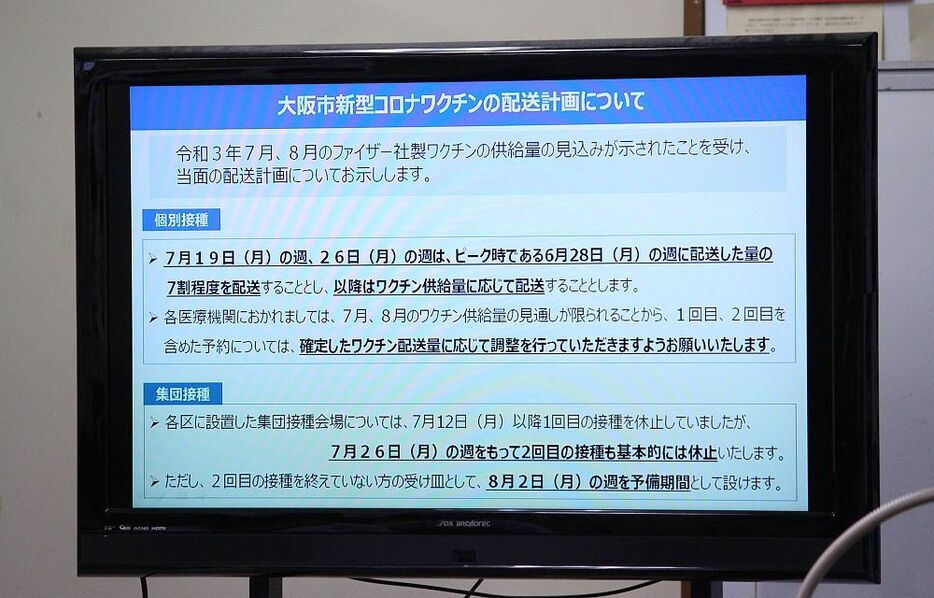 [写真]会見場に表示された大阪市の新型コロナワクチン配送計画＝12日午後、大阪市役所で