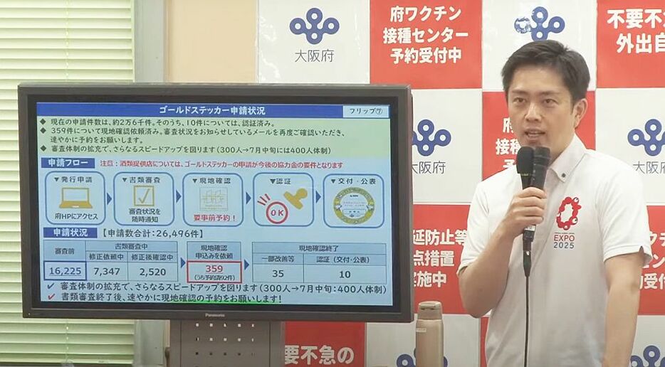 [写真]会見でゴールドステッカーについて説明する大阪府の吉村洋文知事＝6月30日、大阪府庁で