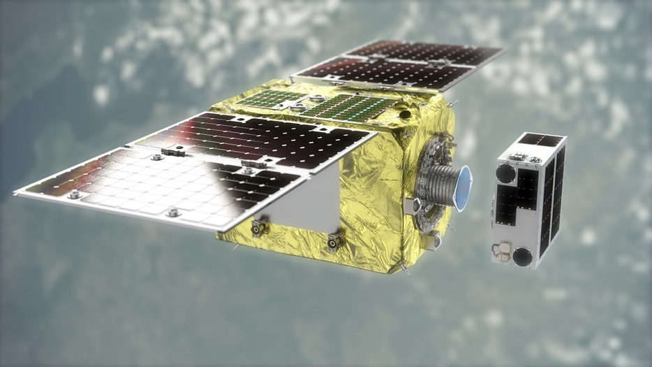 切り離したデブリ役の模擬衛星を捕獲衛星がキャッチする様子（提供：アストロスケール）