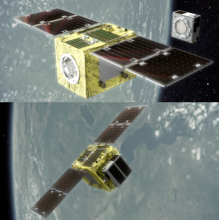 捕獲衛星が模擬デブリ衛星（右上）を宇宙空間で切り離し（写真・上）、再びキャッチ（同・下）。大気圏に落として燃え尽きさせる（提供：アストロスケール）